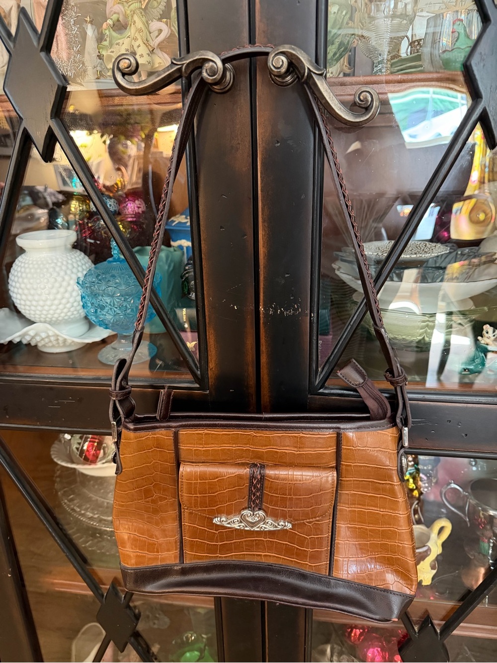 Brighton Tan Croc-Embossed Shoulder Bag with Dark Brown Trim